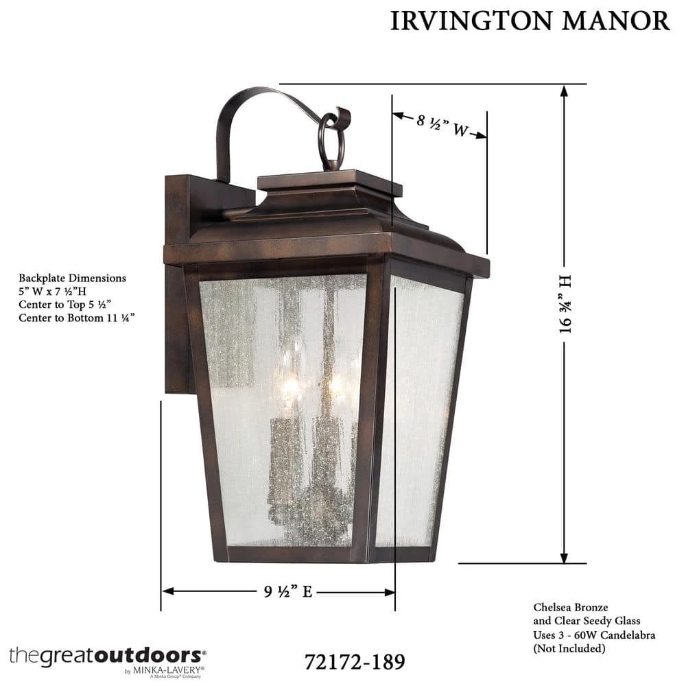 Irvington Manor 3-Light Chelsea Bronze Outdoor Wall Lantern Sconce by the great outdoors by Minka Lavery 8 Irvington Manor 3-Light Chelsea Bronze Outdoor Wall Lantern Sconce by the great outdoors by Minka Lavery - Image 6