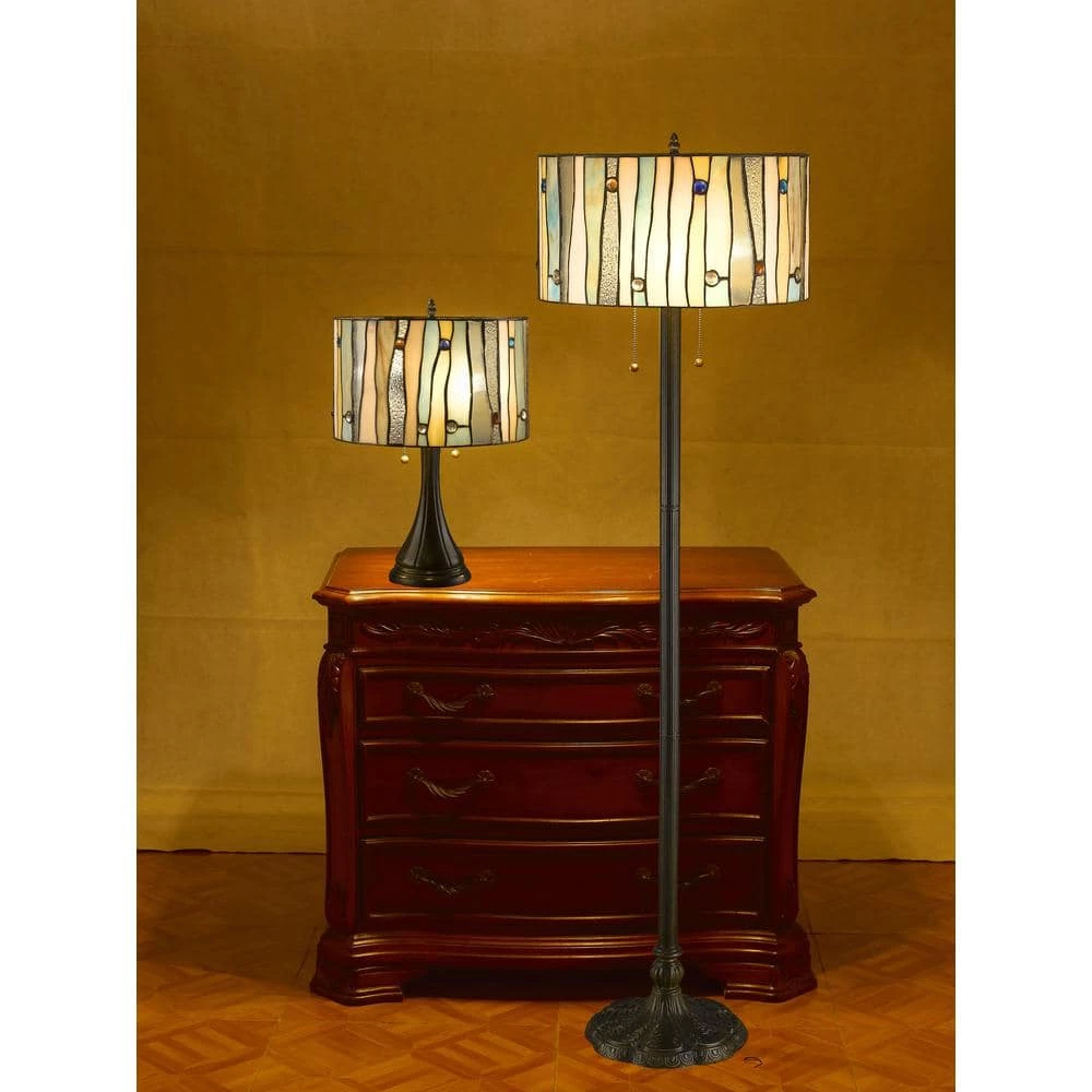 58 in. Height Floor and 21 in. Height Table Lamp Set Contemporary Blue, White and Yellow Stained Glass Shade by Serena D'italia 4 58 in. Height Floor and 21 in. Height Table Lamp Set Contemporary Blue, White and Yellow Stained Glass Shade by Serena D'italia - Image 2