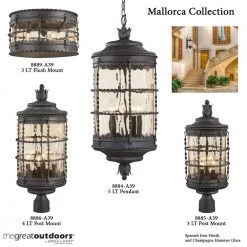 Mallorca 3-Light Spanish Iron Outdoor Flush Mount by the great outdoors by Minka Lavery -Serena D'italia shop spanish iron the great outdoors by minka lavery outdoor flush mount lights 8889 a39 44 1000